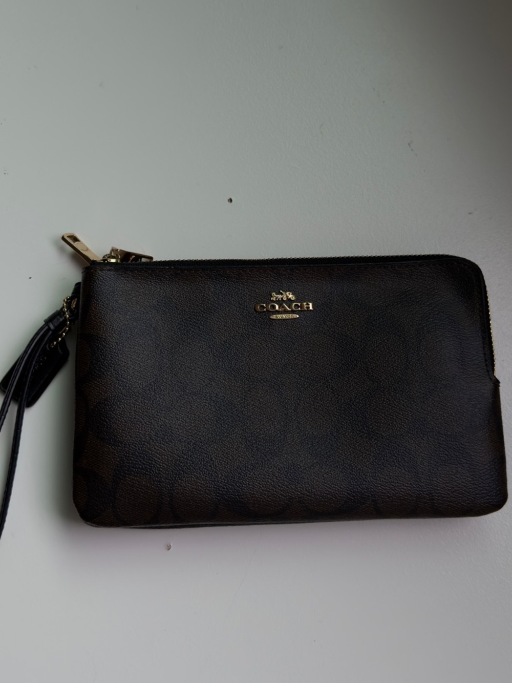 Coach Double Zip Wristlet Wallet in Signature Canvas Brown/Black